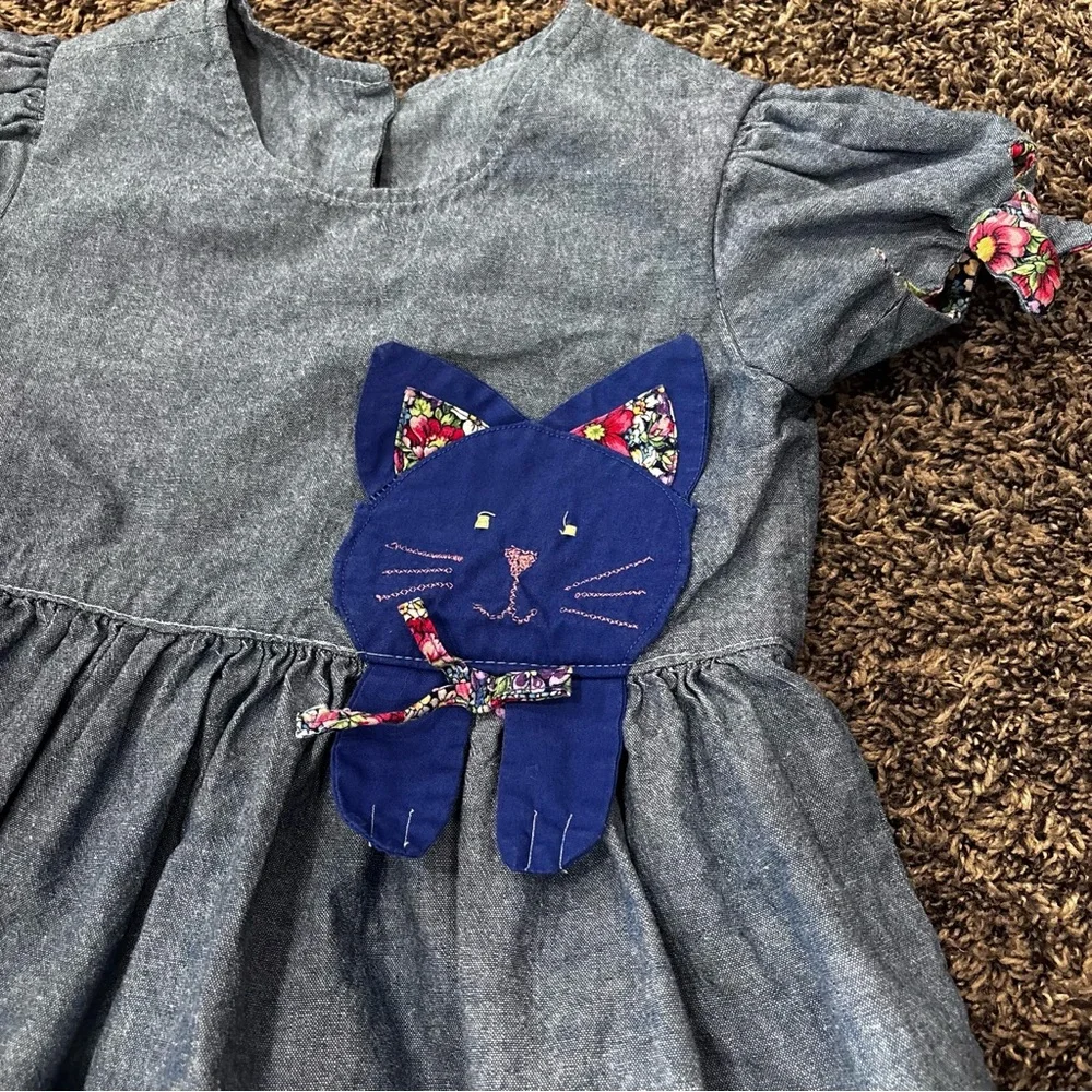 Handmade Girls Denim Blue Cat Dress Size 5/6 Floral Bow Puff Sleeves